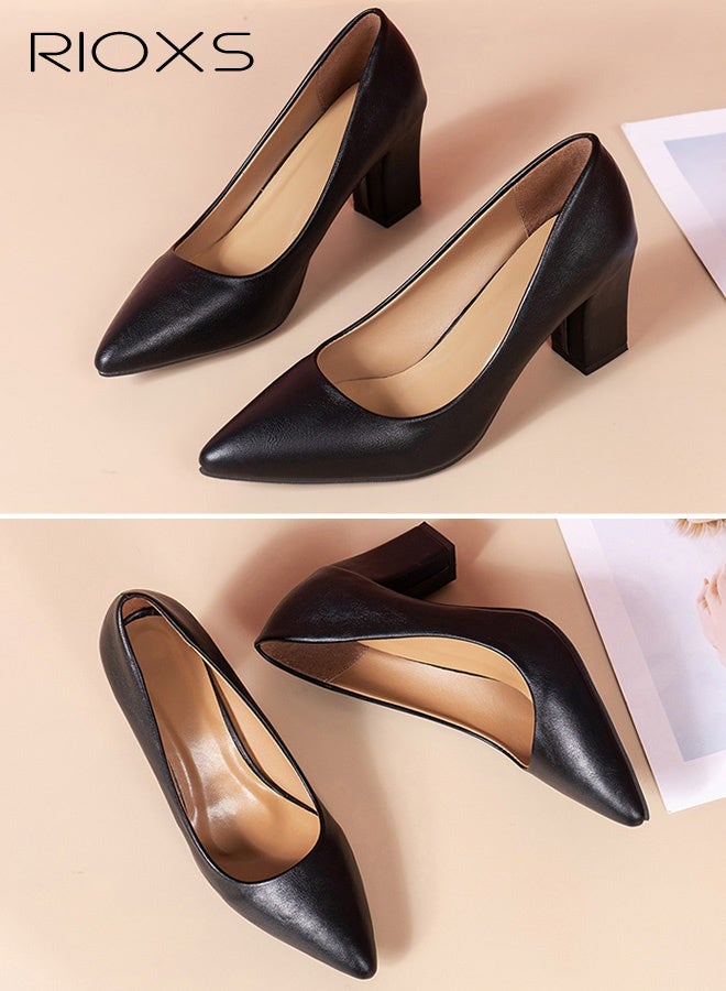 RIOXS Women's Professional Block Heel Pumps, Classic and Elegant Pointed Toe Slip-On Solid Office Shoes, Comfortable Chunky Heel Casual for Office, Business Meetings, Conferences, or Formal Work Environment, Black - Image 4